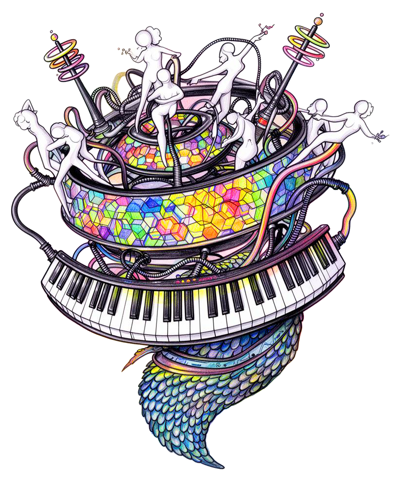 Spiral of dancing figures swirling around a glowing microphone.