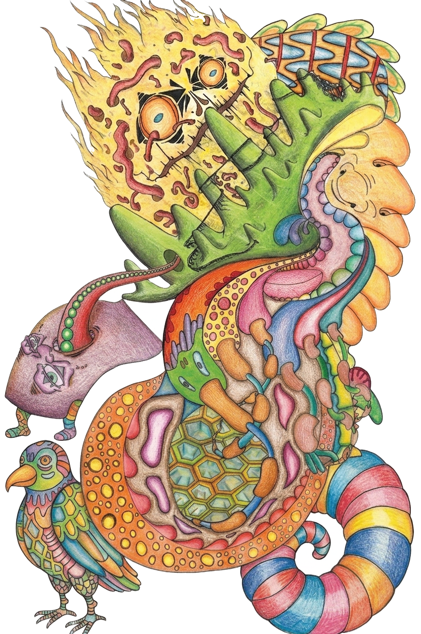Cover art: surreal chimera creature with flame-head and hexagons.