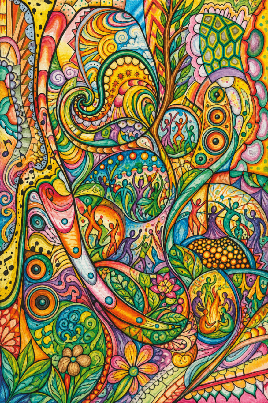Cover art: swirling psychedelic composition with tiny dancing figures.